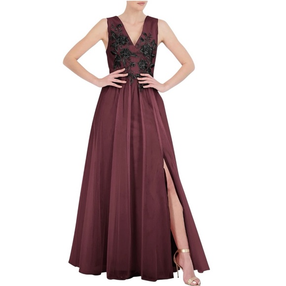 BCBG MAXAZRIA SLEEVELESS WINE TULLE FLORAL LACE APPLIQUÉ FLOOR LENGTH GOWN *NWT* - Picture 5 of 15